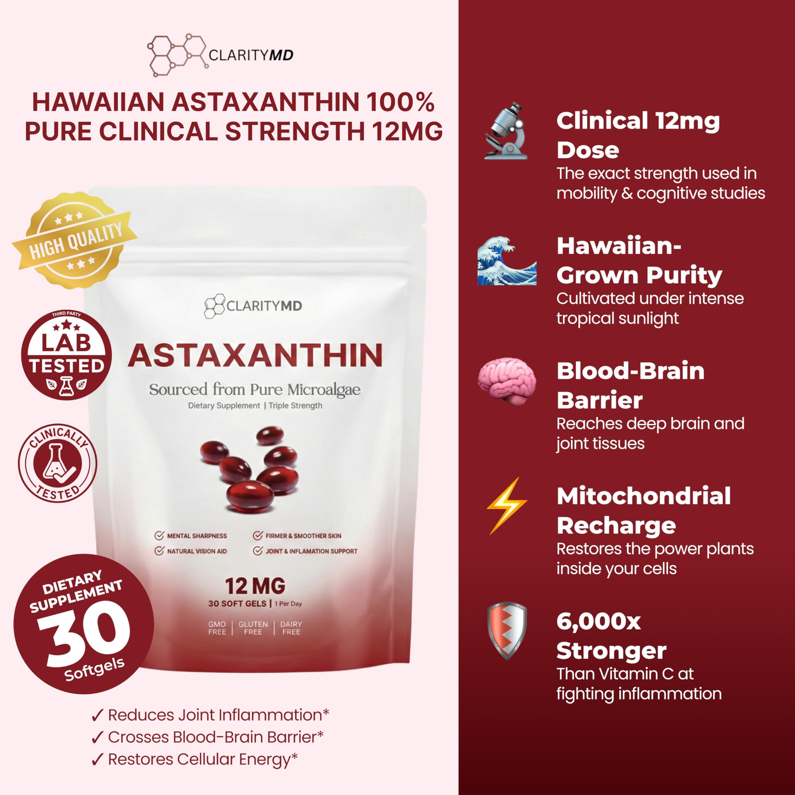 ClarityMD astaxanthin microalgae source from Haematococcus pluvialis.
