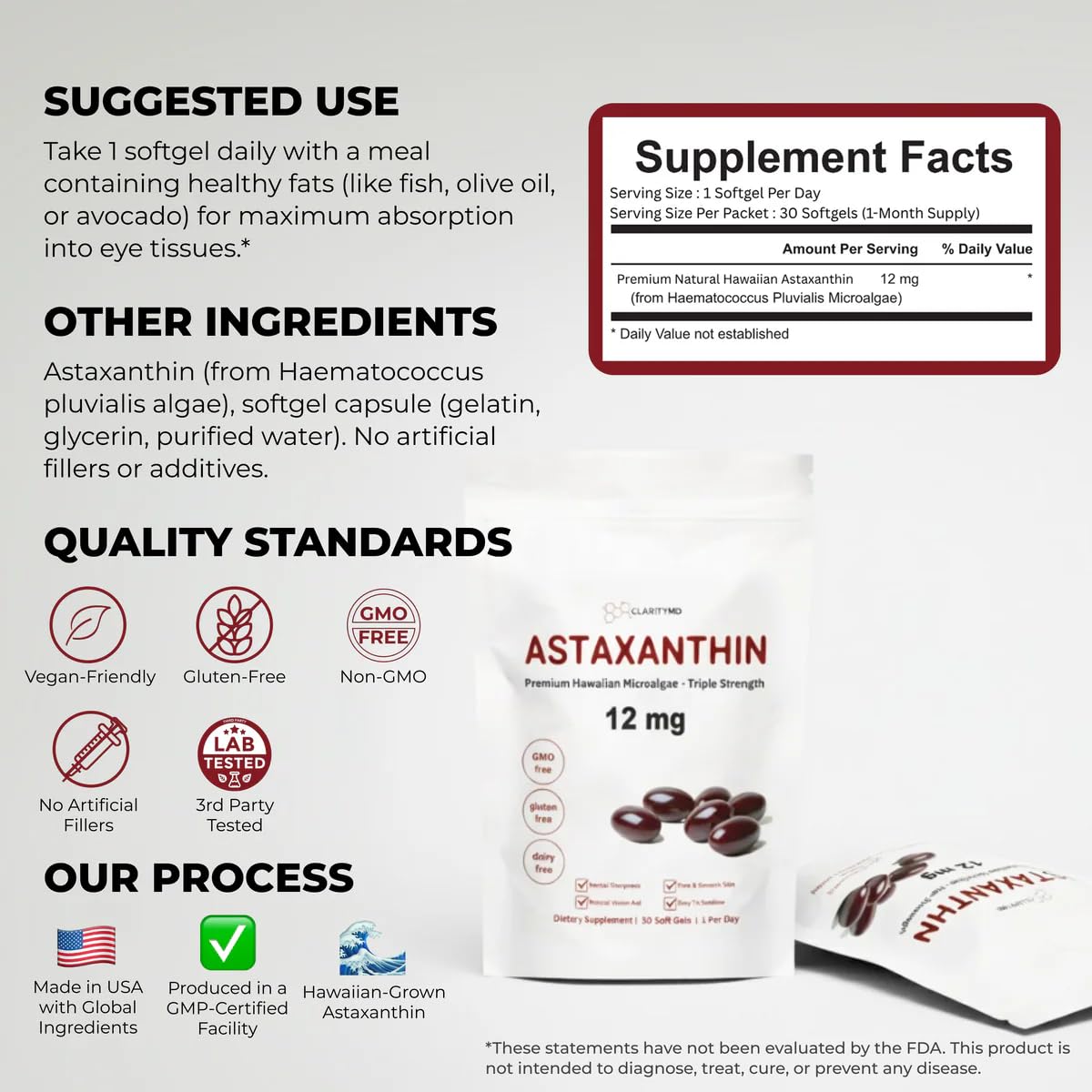 ClarityMD Astaxanthin microalgae source highlights natural pigment origin.