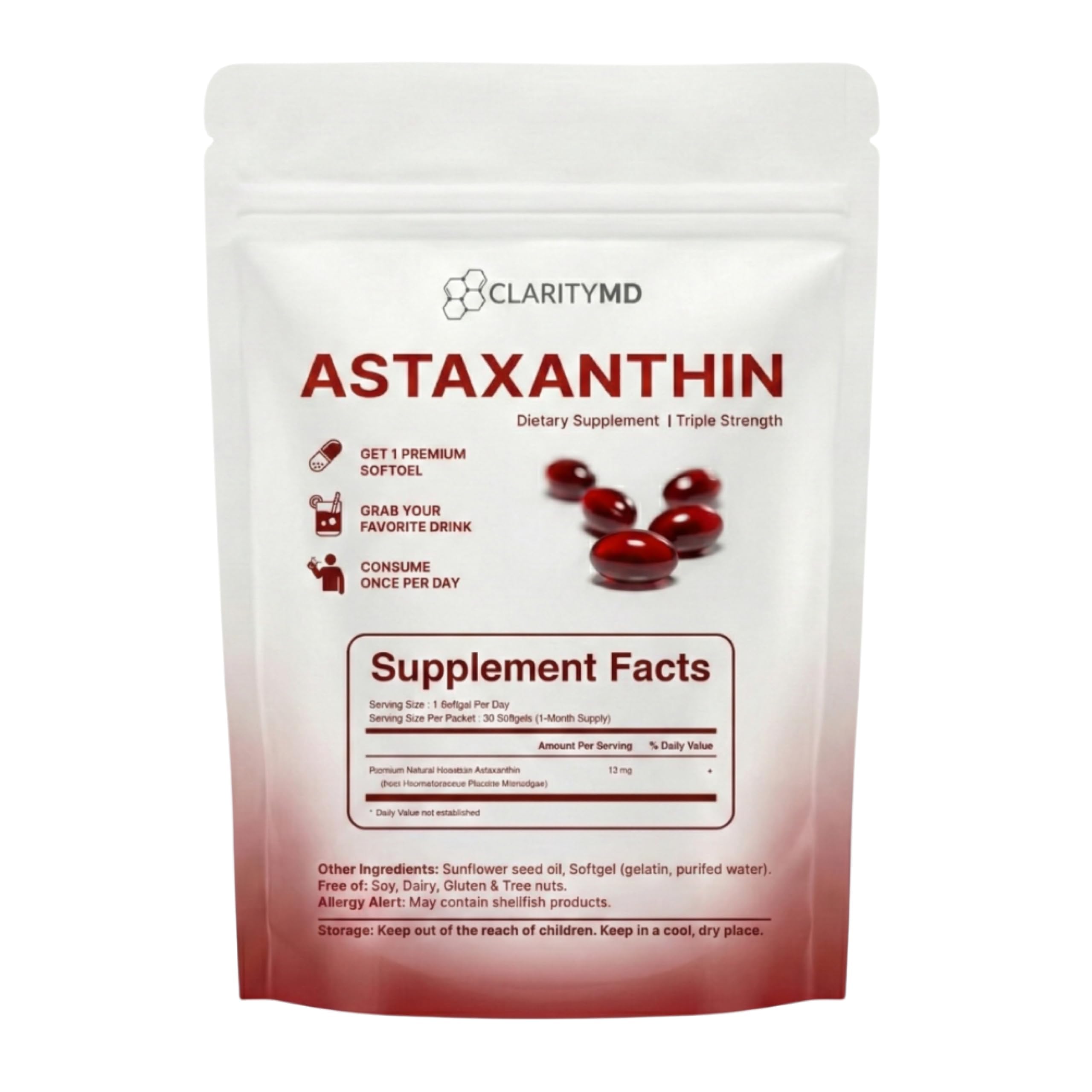 ClarityMD astaxanthin softgels shown in bottle highlighting lipid-based delivery.
