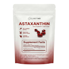 ClarityMD astaxanthin softgels shown in bottle highlighting lipid-based delivery.