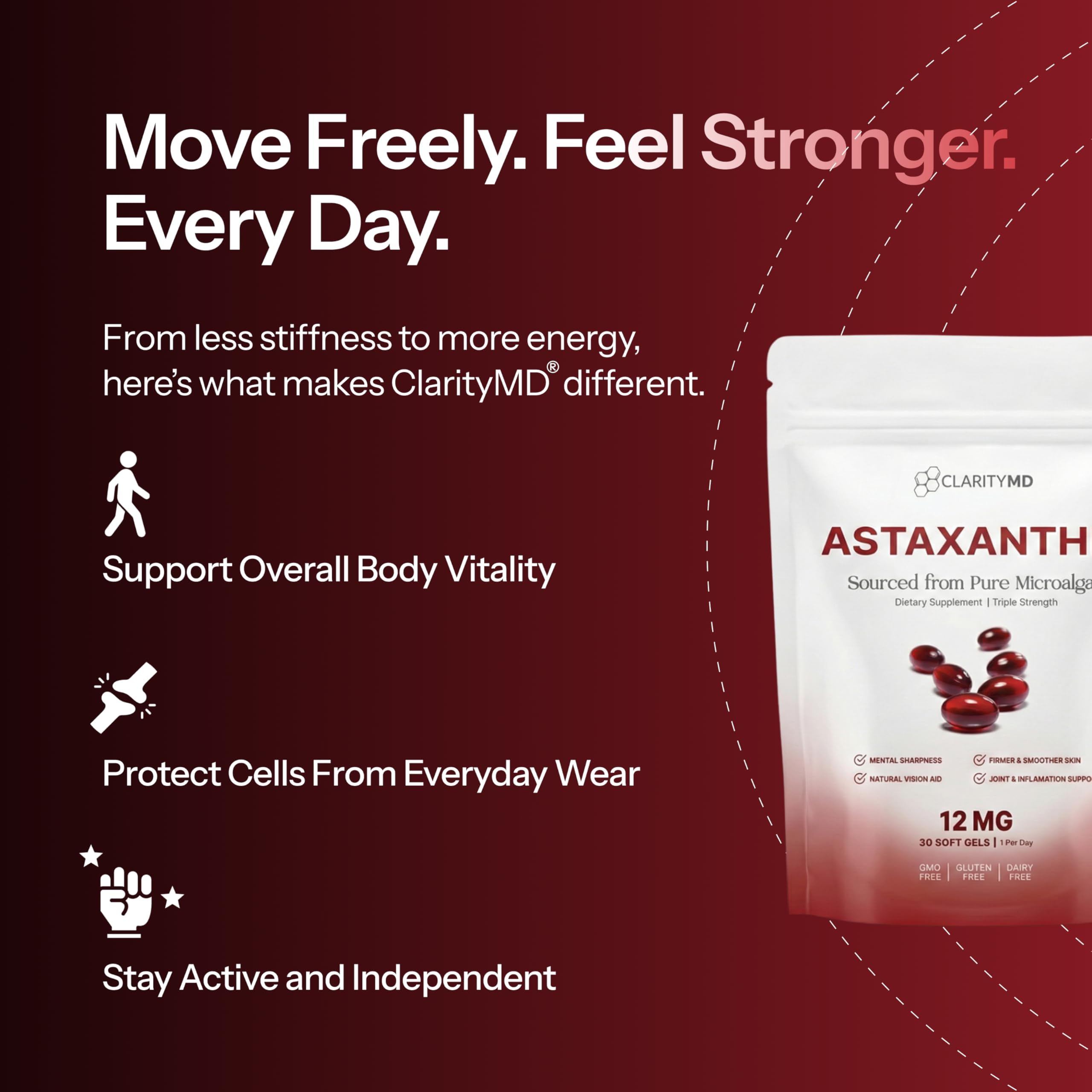 ClarityMD astaxanthin USA-made badge indicating local manufacturing quality.