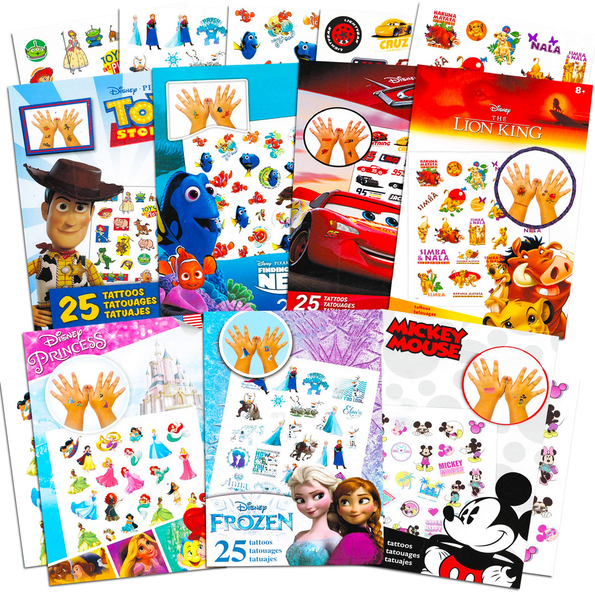Classic Disney tattoos mega assortment cover sheet, ideal for party favors and decorations.