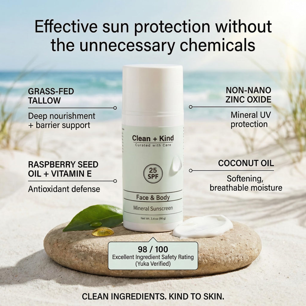 Clean + Kind Tallow Sunscreen application smooth spread with a light non-greasy finish
