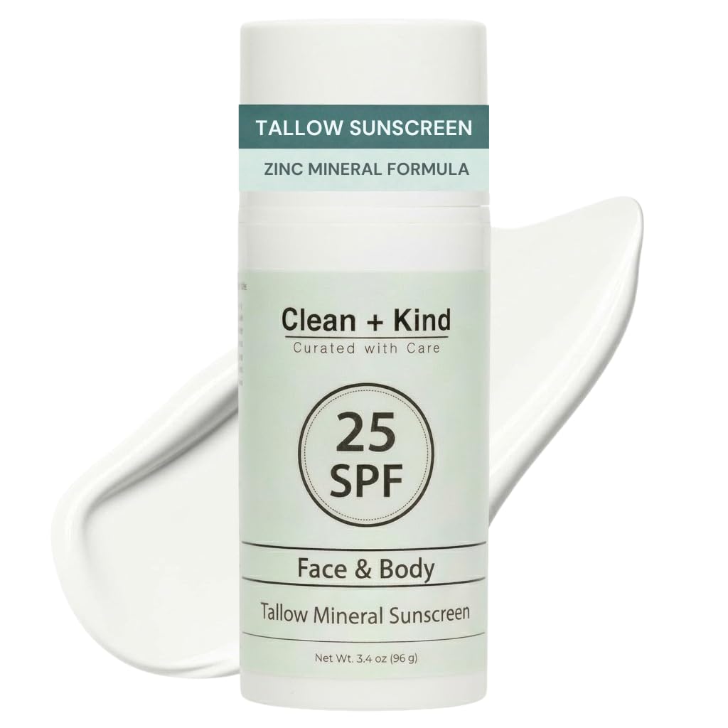Clean + Kind Tallow Sunscreen bottle showing compact reef-safe protection for daily use