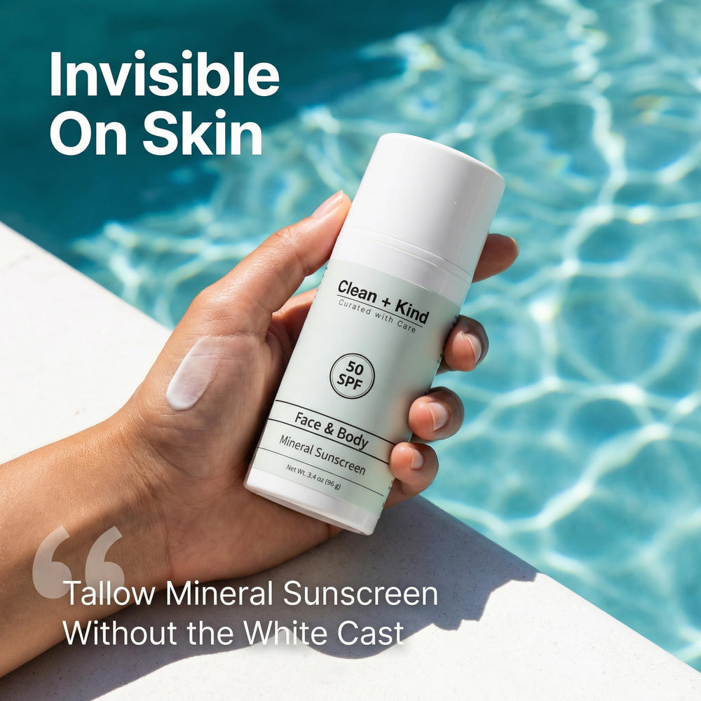 Non-greasy finish of Clean + Kind Tallow Sunscreen on skin.
