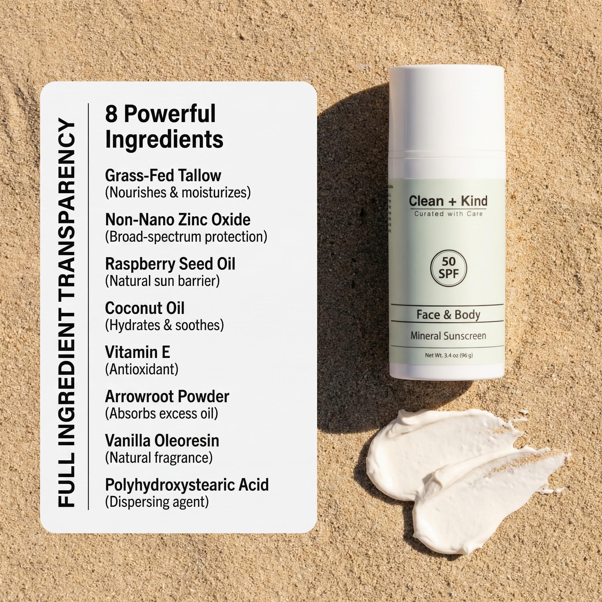 Clean + Kind Tallow Sunscreen designed for sensitive skin users.