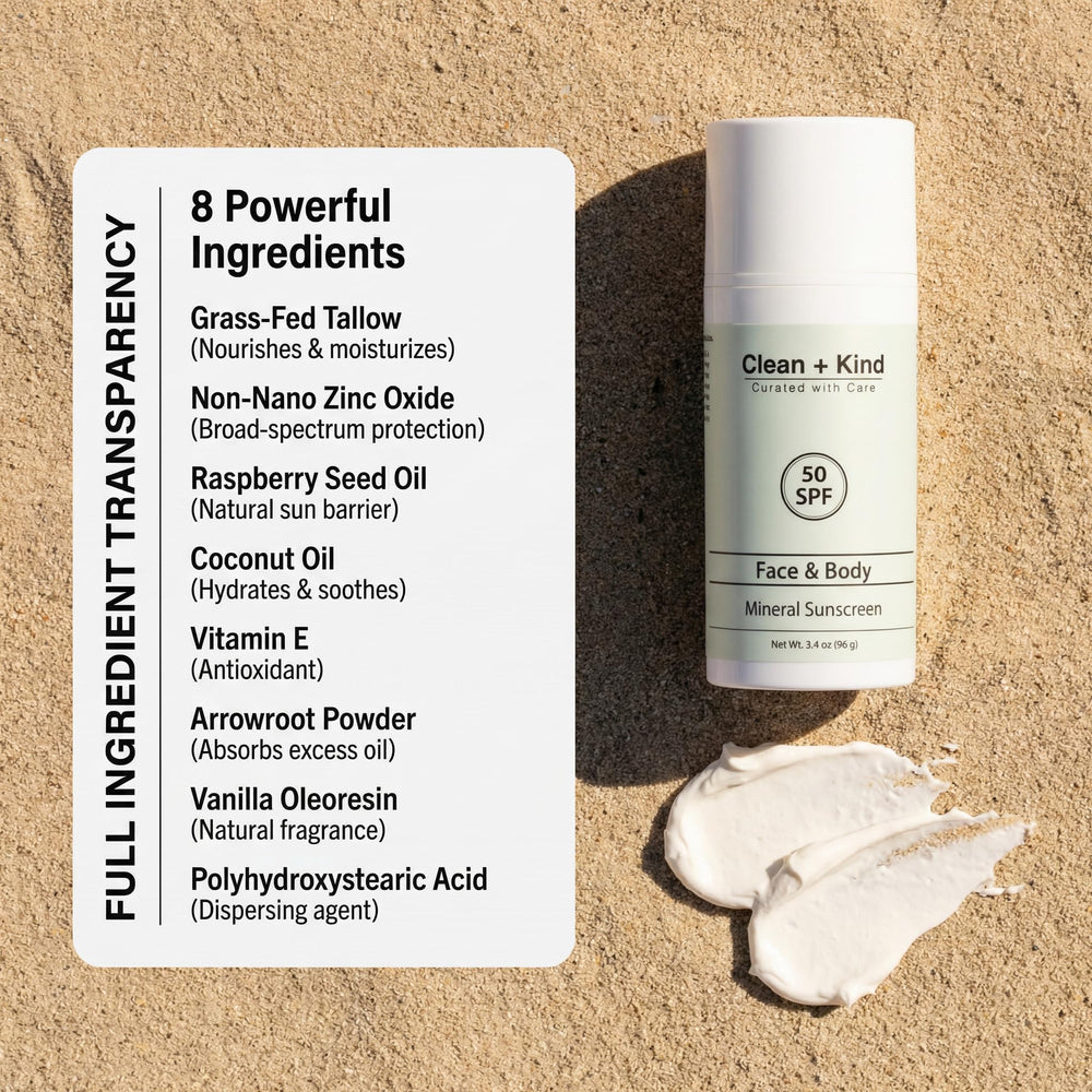 Clean + Kind Tallow Sunscreen designed for sensitive skin users.