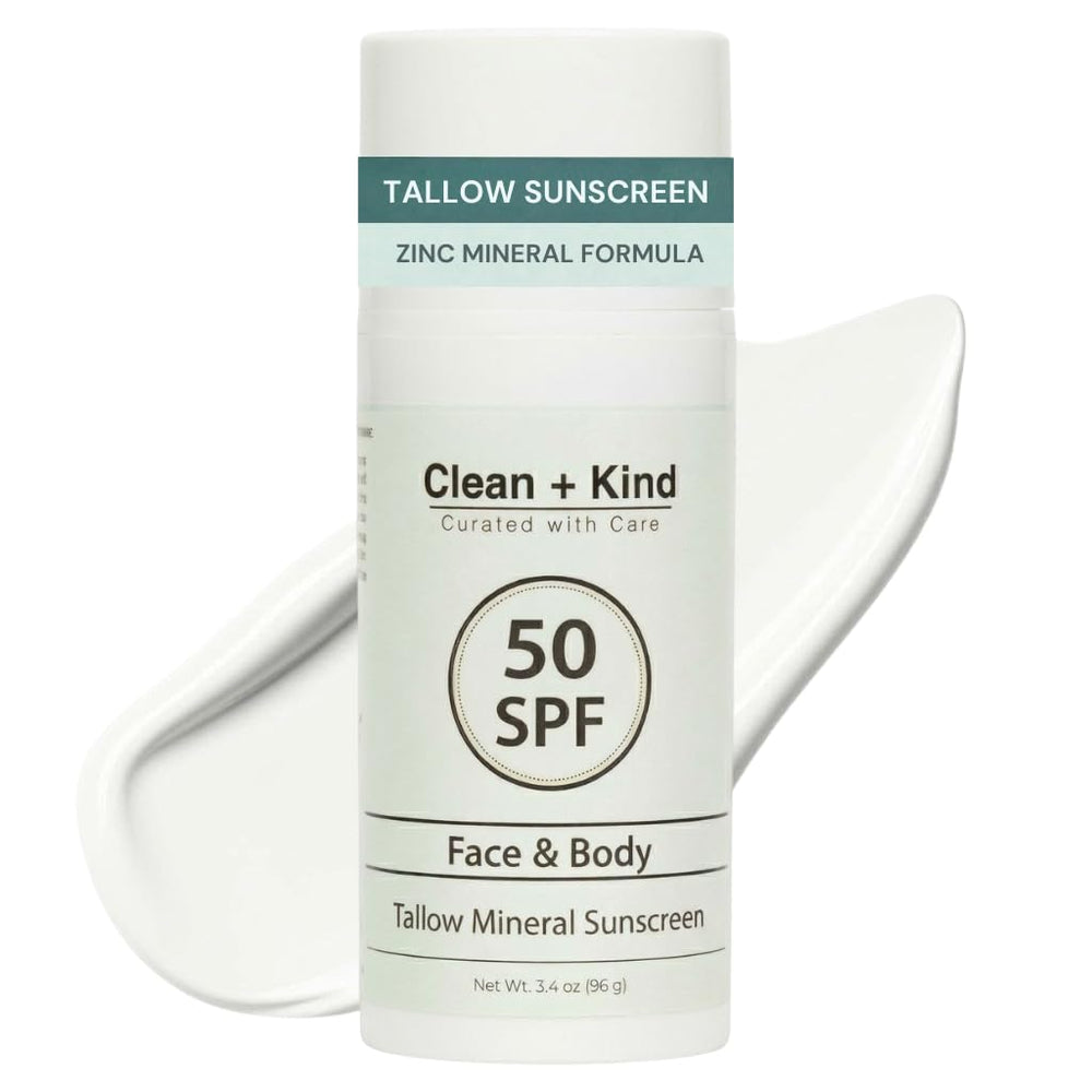 Clean + Kind Tallow Sunscreen bottle with mineral SPF 50 for protection.
