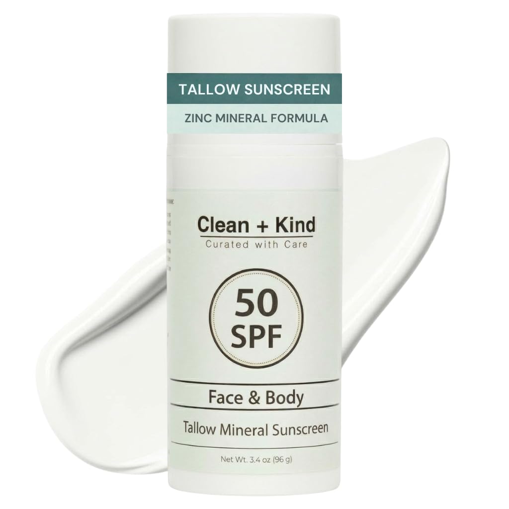 Clean + Kind Tallow Sunscreen bottle with mineral SPF 50 for protection.