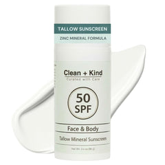 Clean + Kind Tallow Sunscreen bottle with mineral SPF 50 for protection.