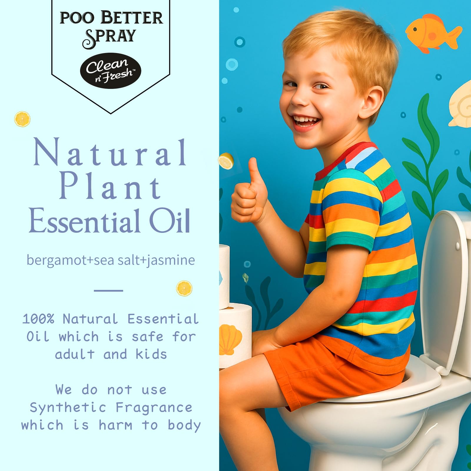 Clean-n-Fresh Sea Salt Jasmine Bergamot scent profile enhances bathroom atmosphere.