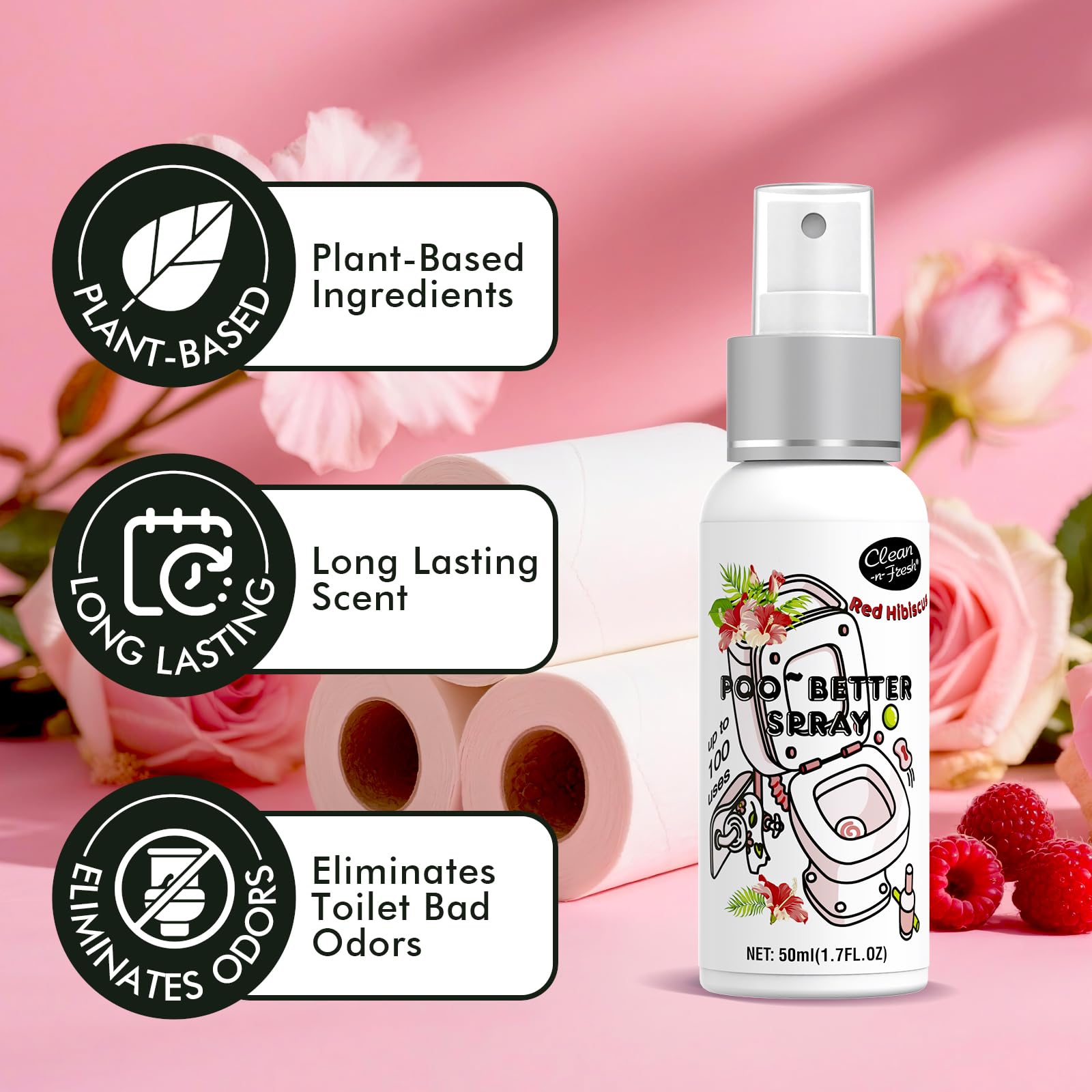 Clean-n-Fresh Hibiscus toilet spray bottle, floral and uplifting