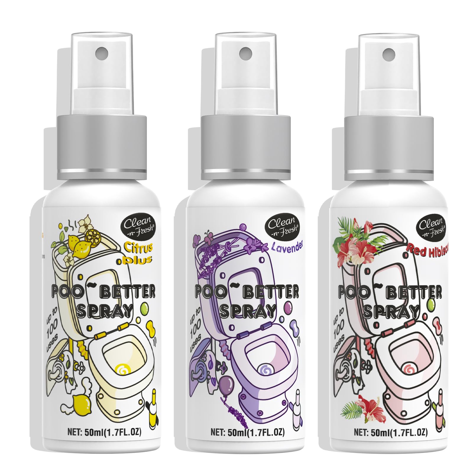 Clean-n-Fresh Variety Pack Toilet Sprays shows three scents for odor prevention in bathrooms