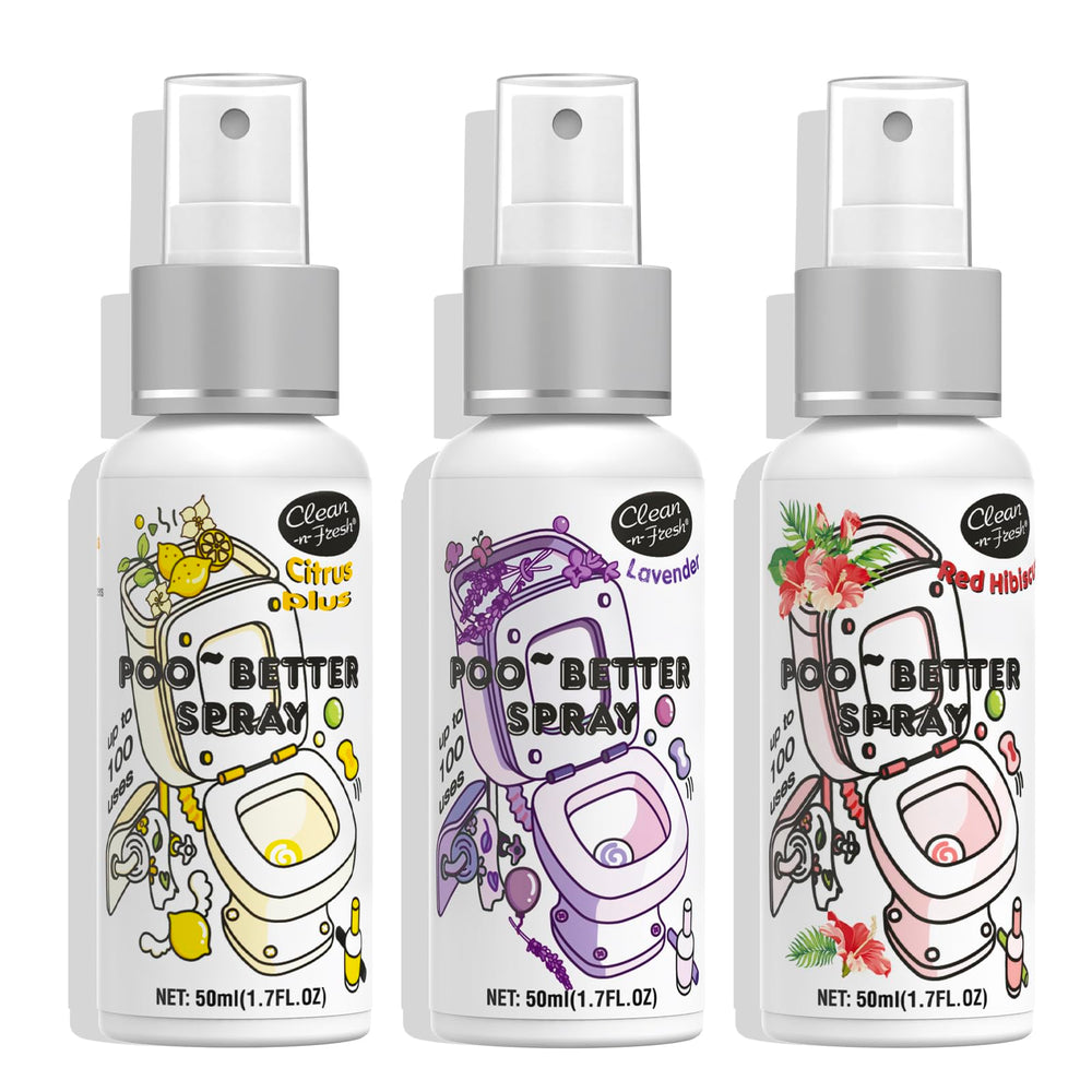 Clean-n-Fresh Variety Pack Toilet Sprays shows three scents for odor prevention in bathrooms