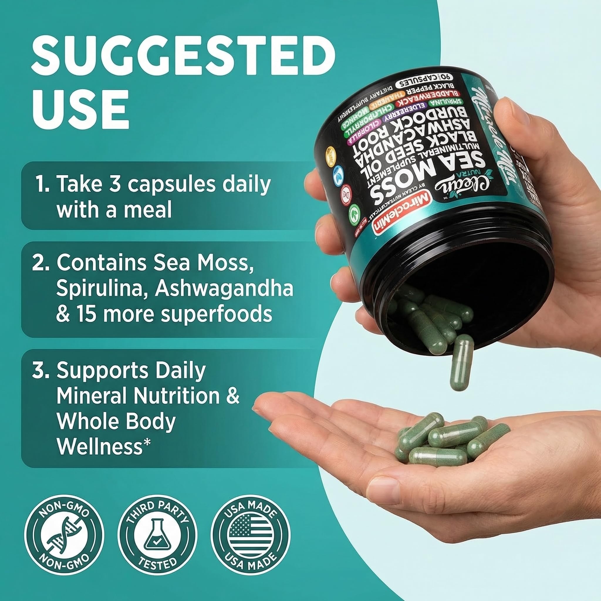Clean Nutra bladderwrack sea moss bottle highlights ocean minerals and energy support
