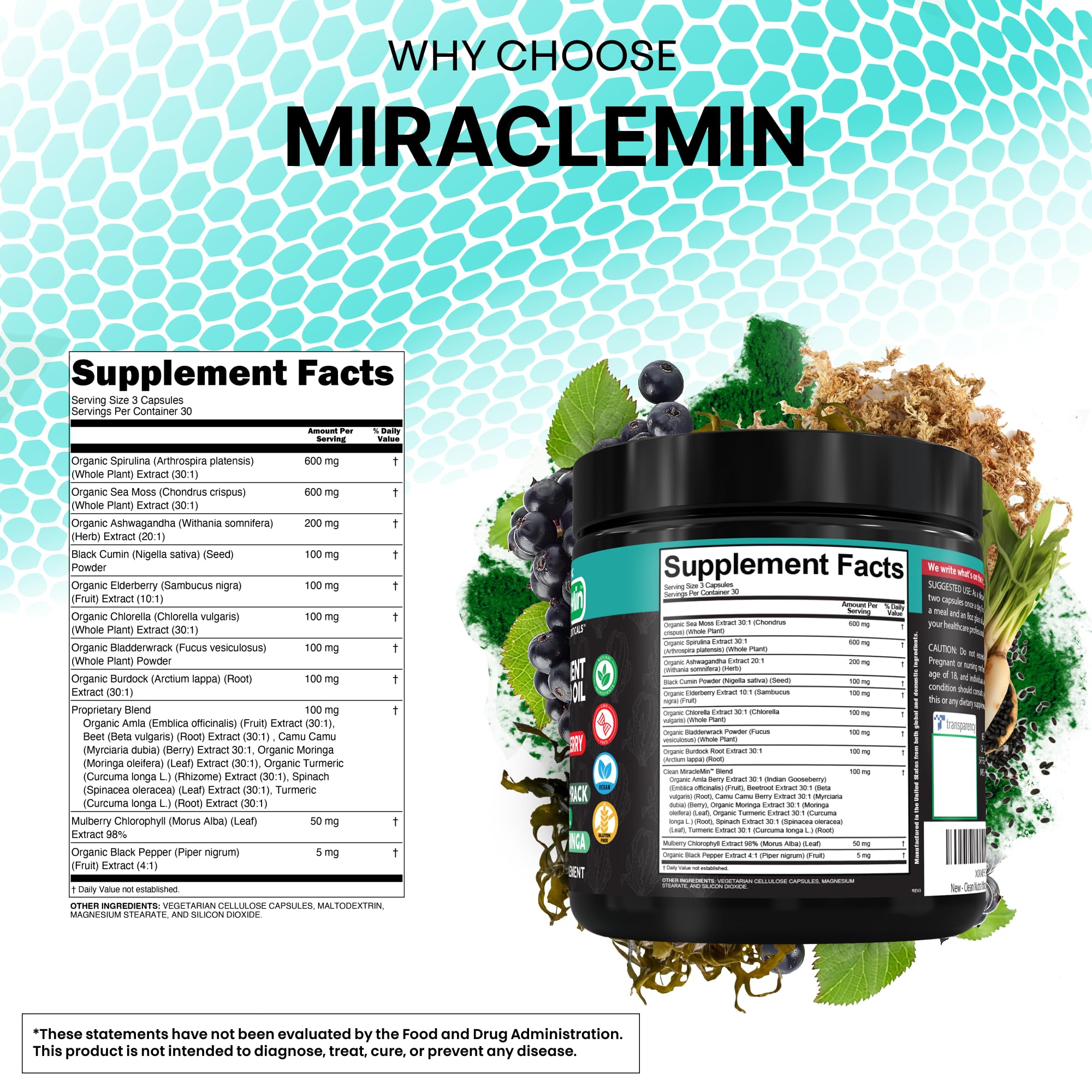 Clean Nutra burdock root sea moss panel illustrates trace minerals for gut health