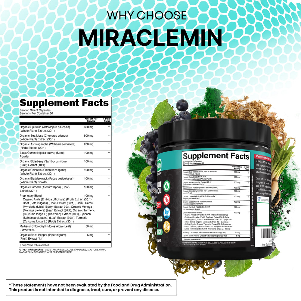 Clean Nutra burdock root sea moss panel illustrates trace minerals for gut health