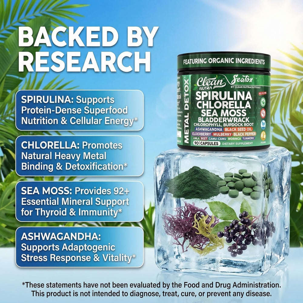 Clean Nutra chlorella and spirulina tablets in glass for nutrient-dense daily use