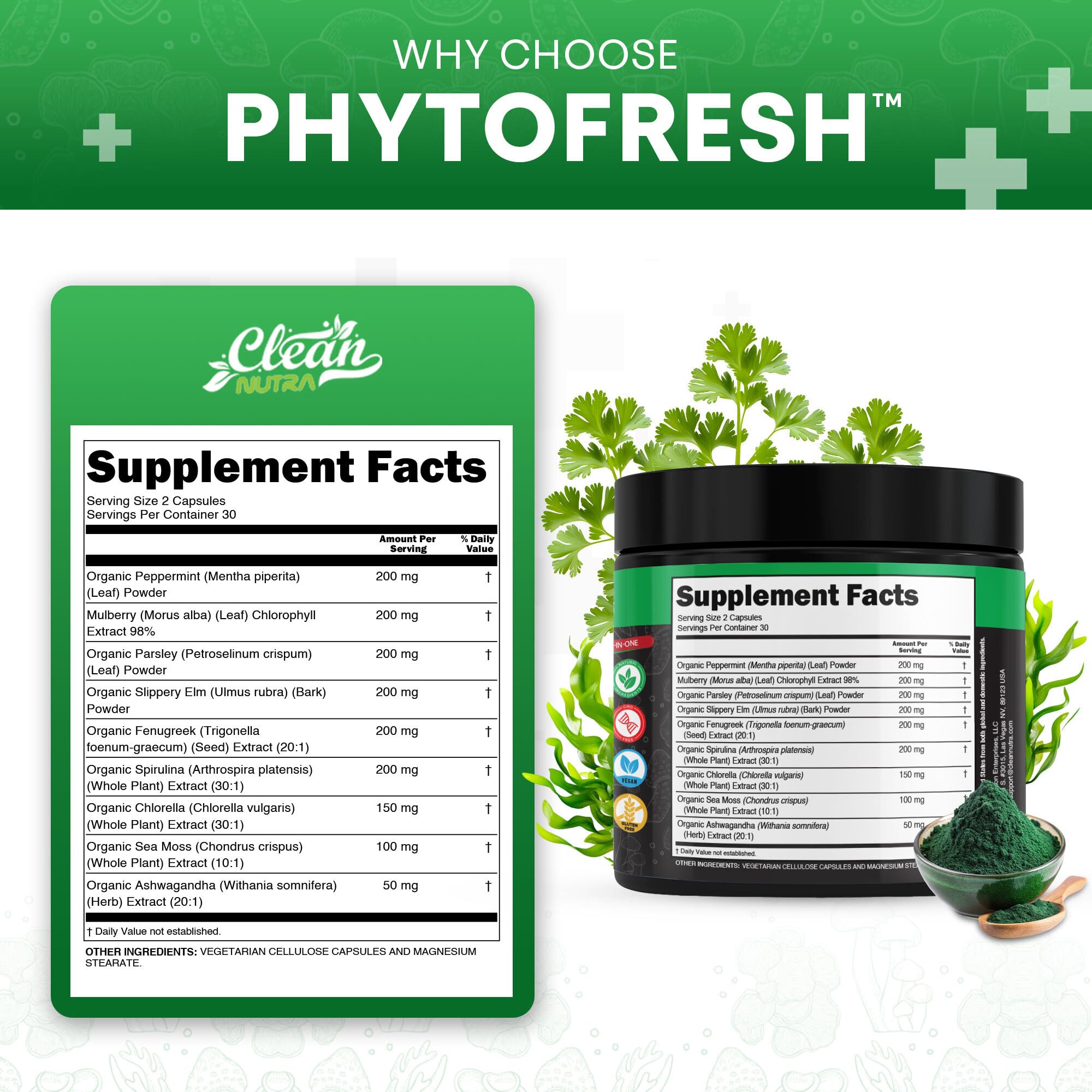 Ashwagandha root and seaweed minerals in Clean Nutra blend for stress-aware focus