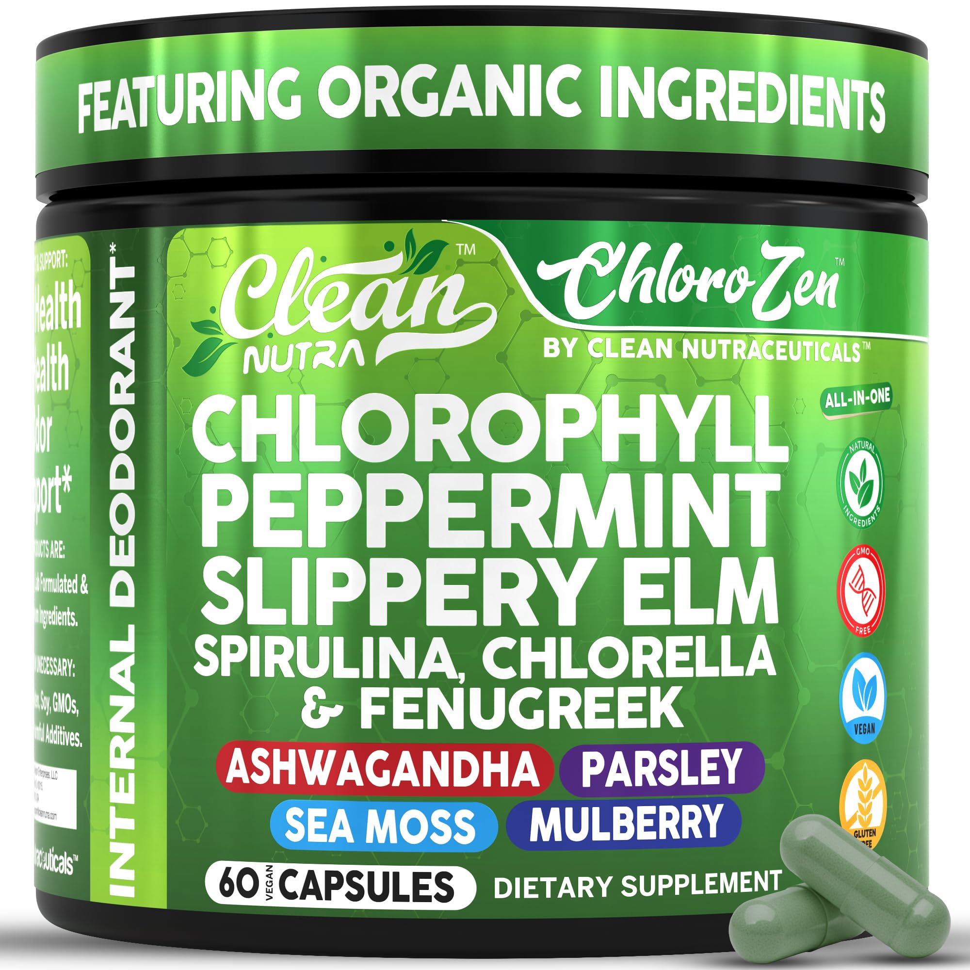 Clean Nutra chlorophyll capsules bottle for daily freshness and odor control.