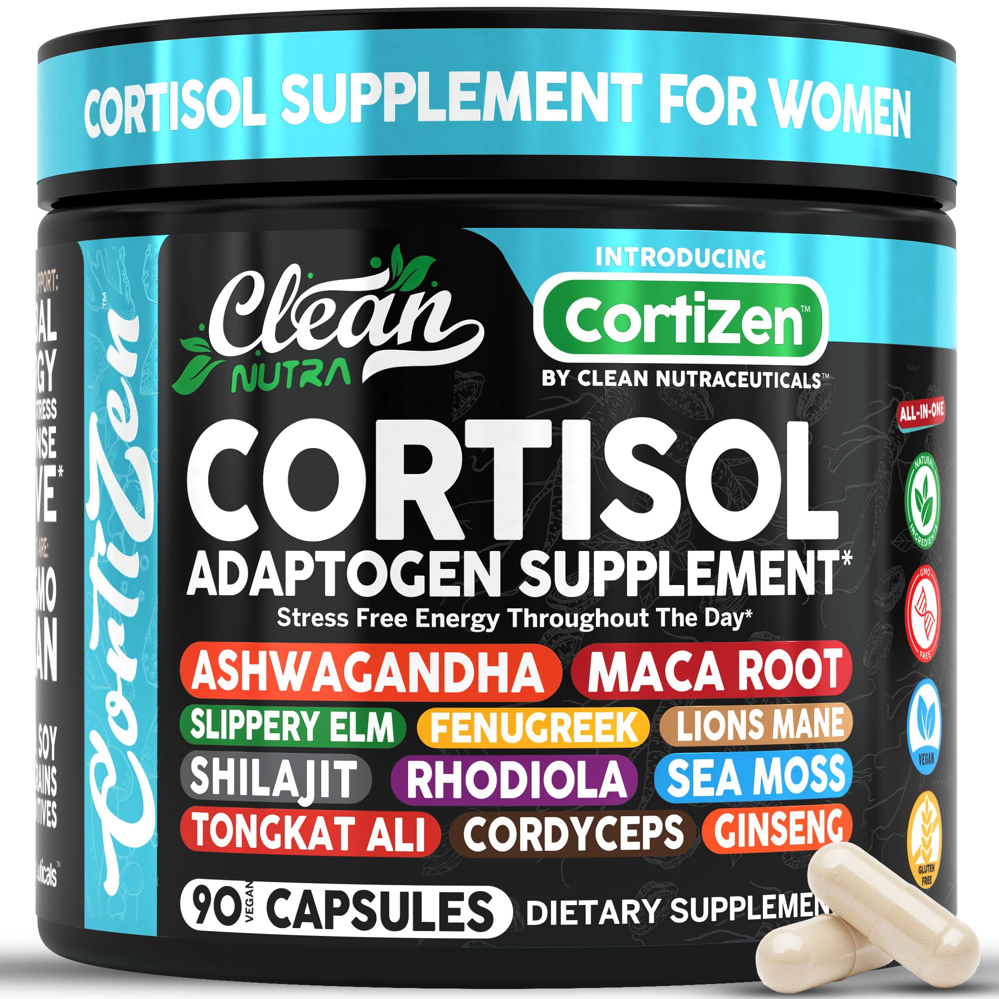 Clean Nutra Cortisol for Women bottle front with adaptogenic blend for daily vitality
