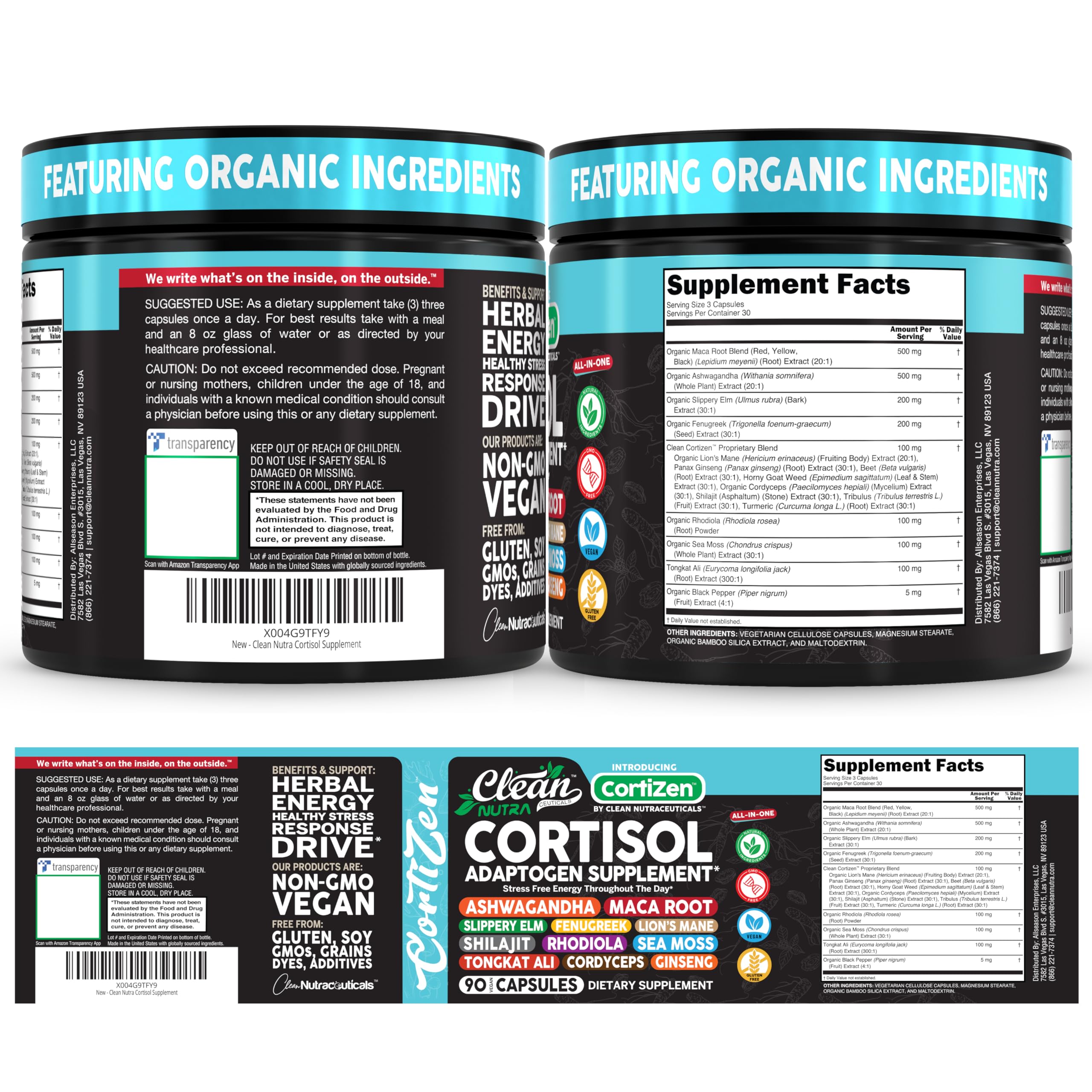 Clean Nutra Cortisol bottle on desk with herbal blend aiding energy