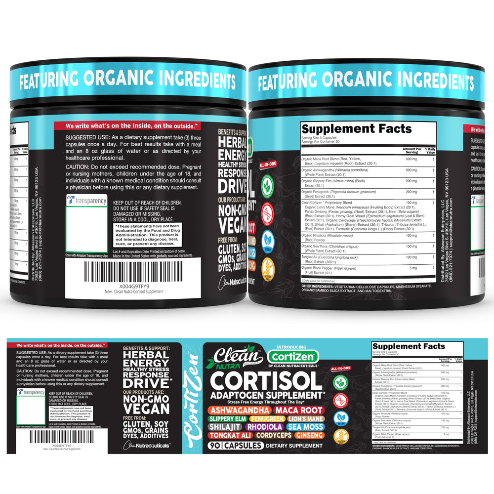 Clean Nutra Cortisol bottle on desk with herbal blend aiding energy