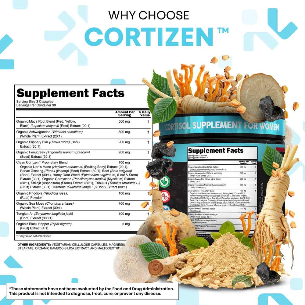 Clean Nutra Cortisol packaging displaying vegan cortisol support formula for women