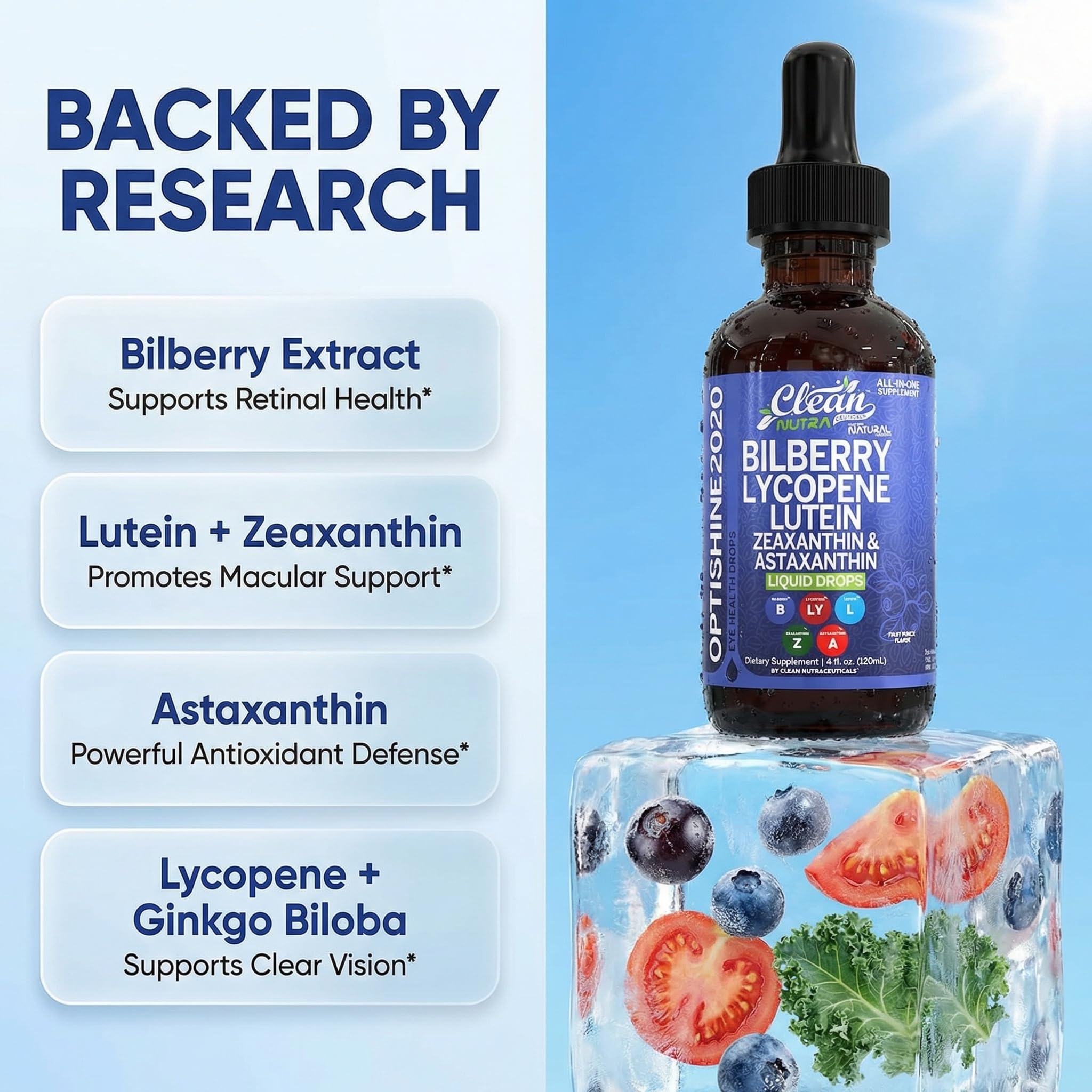 Clean Nutra Eye Drops liquid drops pour demonstrates fast uptake versus pills.