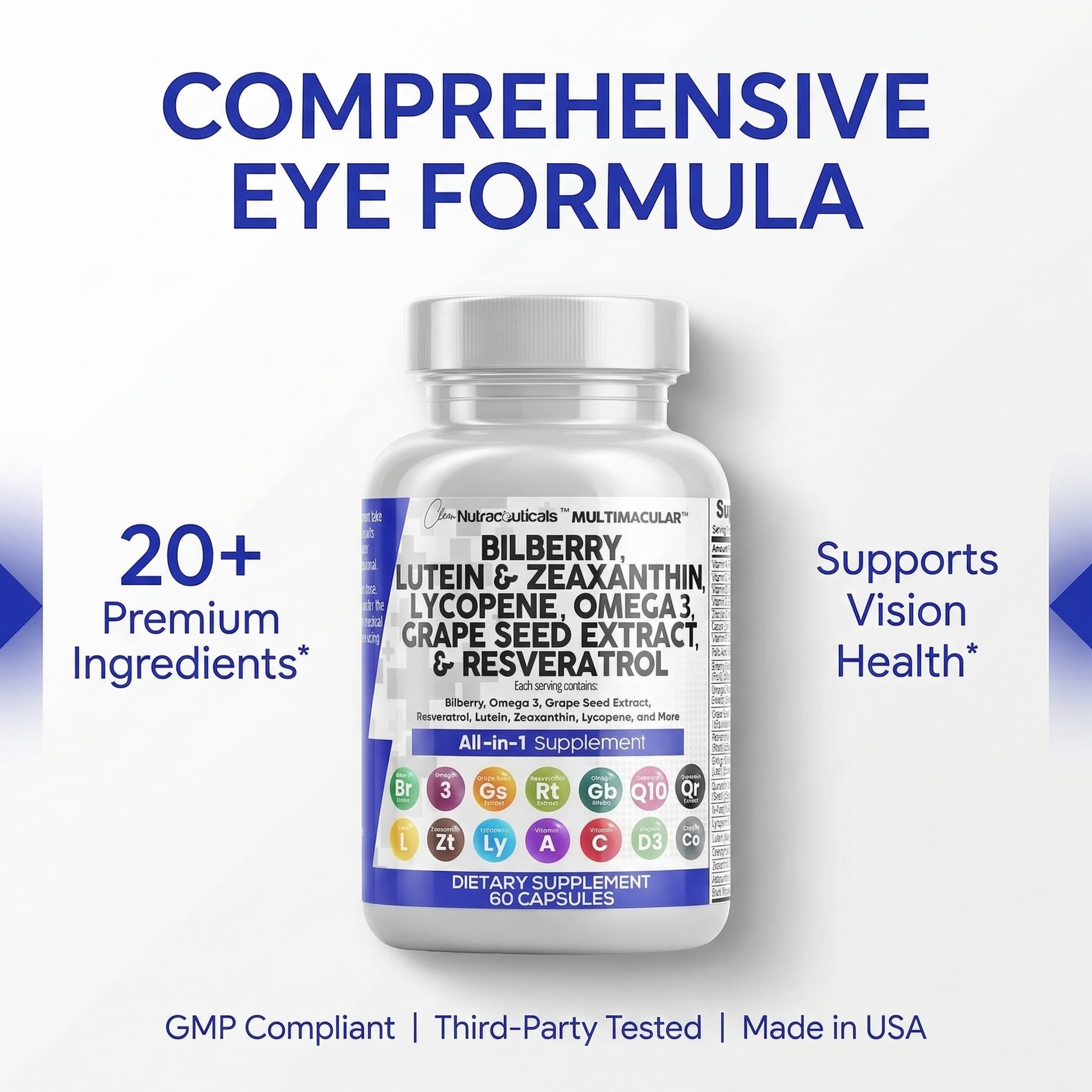 Clean Nutra Eye Vitamins label highlights omega-3 icon for eye support