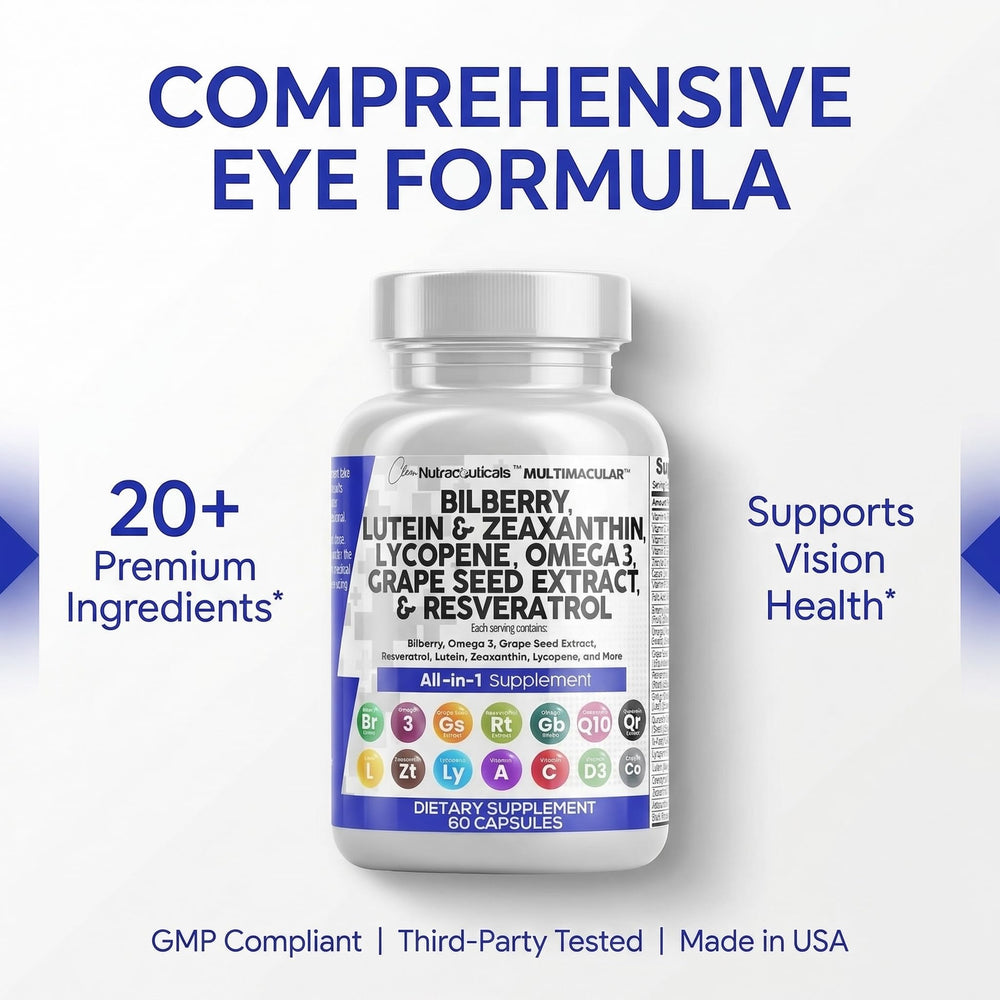 Clean Nutra Eye Vitamins label highlights omega-3 icon for eye support