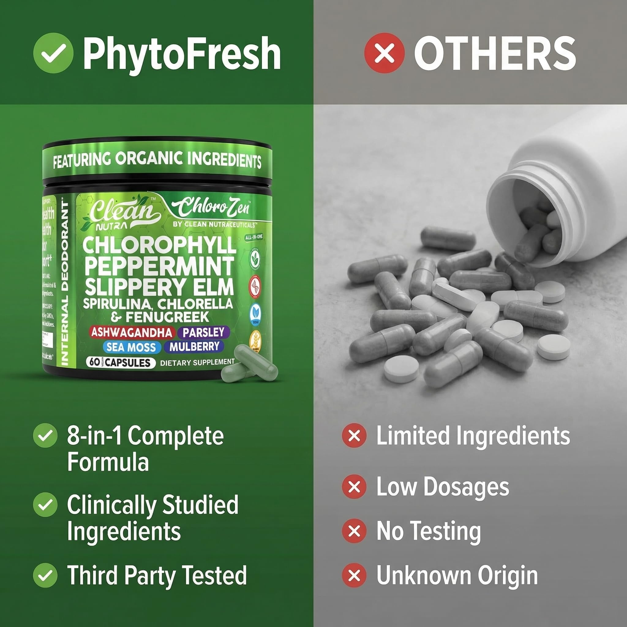 Clean Nutra greens ingredients label emphasizing vegan, GMO-free formula.