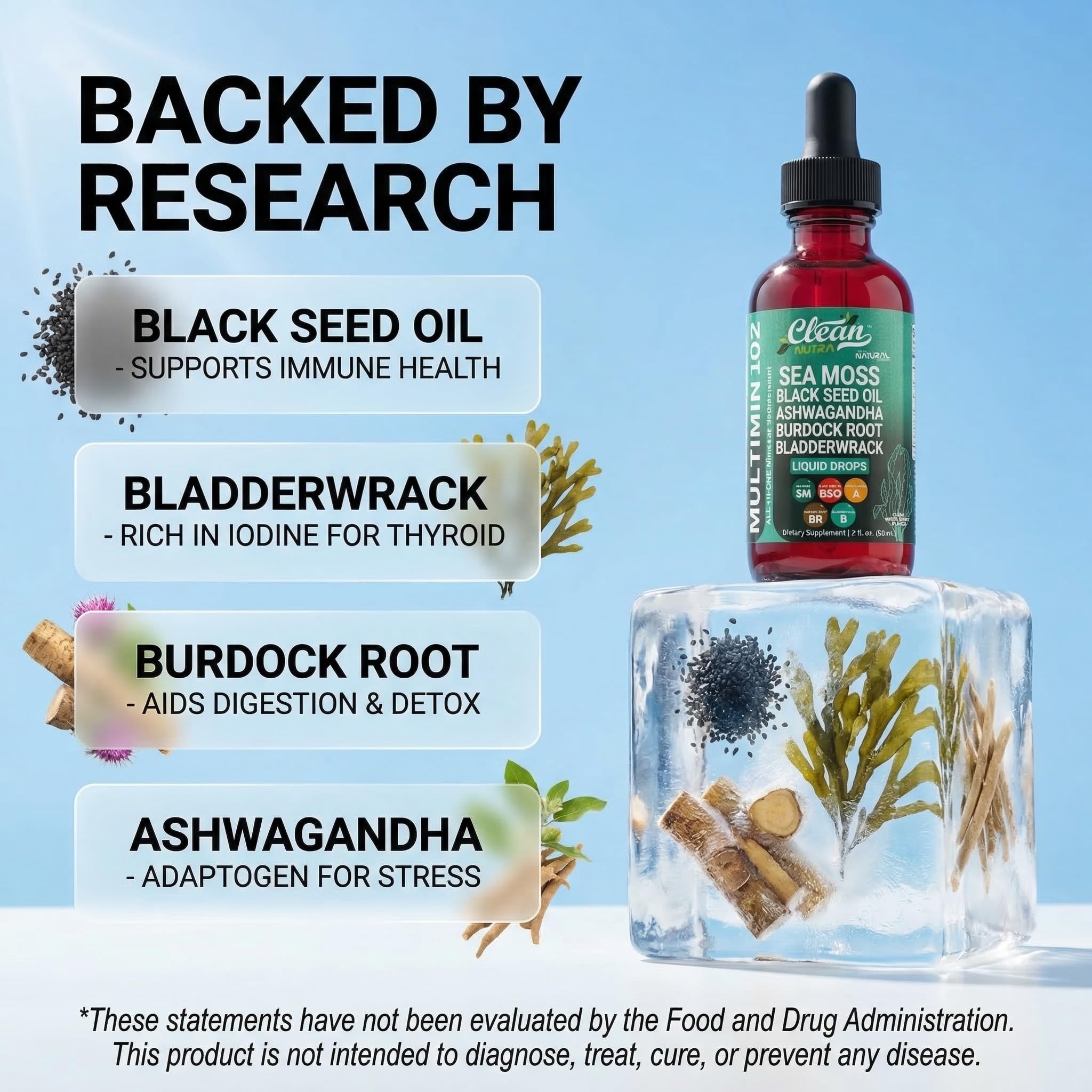 Clean Nutra Irish sea moss liquid emphasizes natural nutrition for skin and energy.
