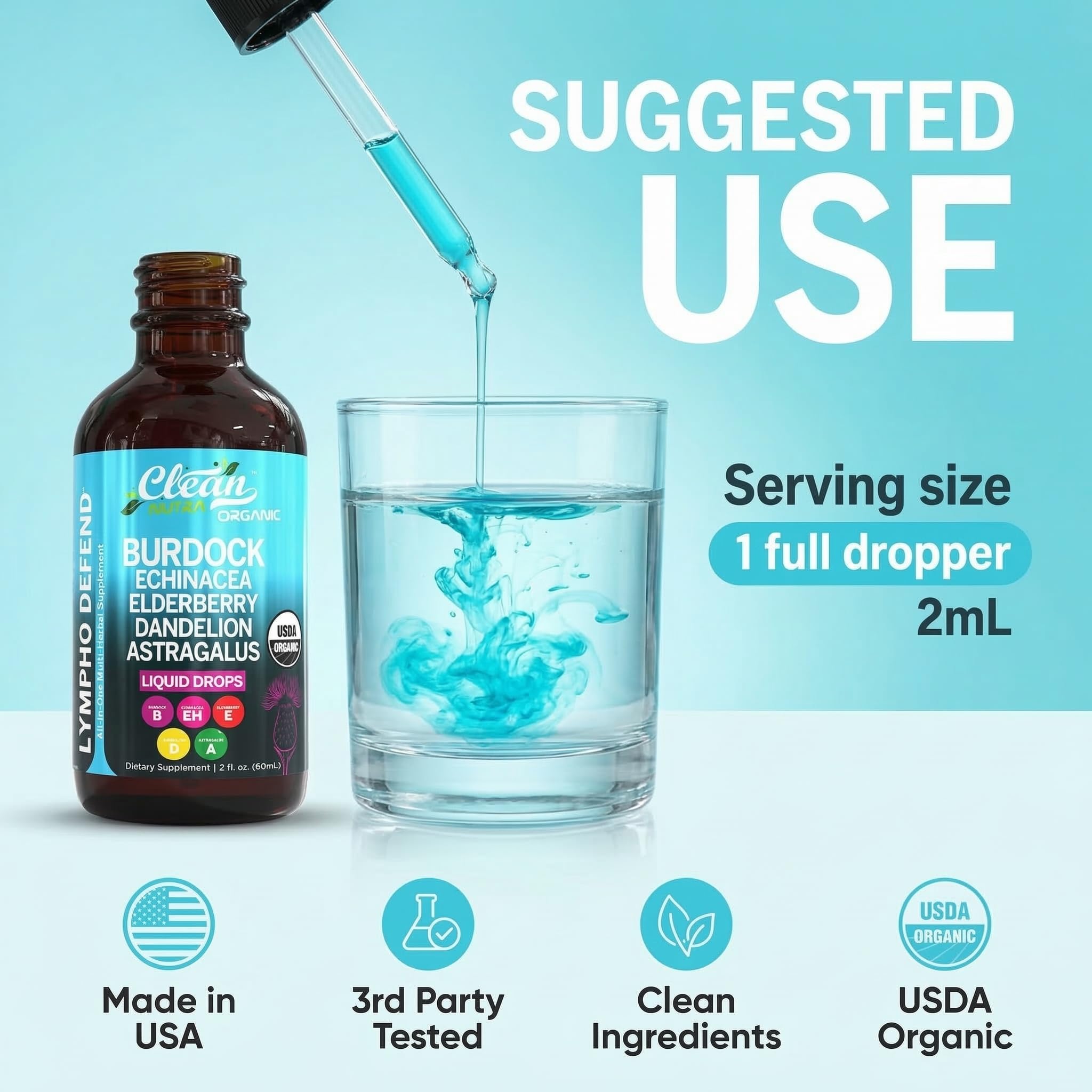 Clean Nutra Lymphatic Drainage Drops amber bottle on kitchen counter.