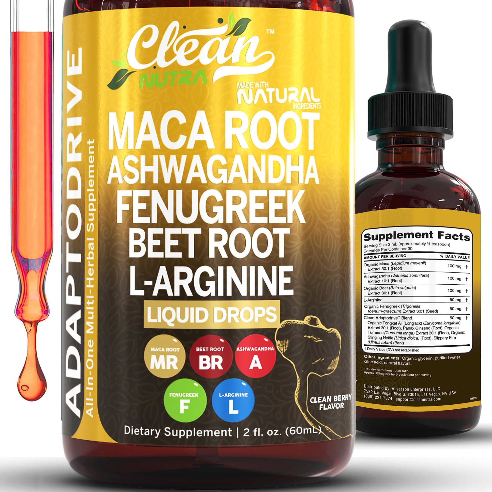 Clean Nutra maca root drops bottle pour for daily wellness and energy