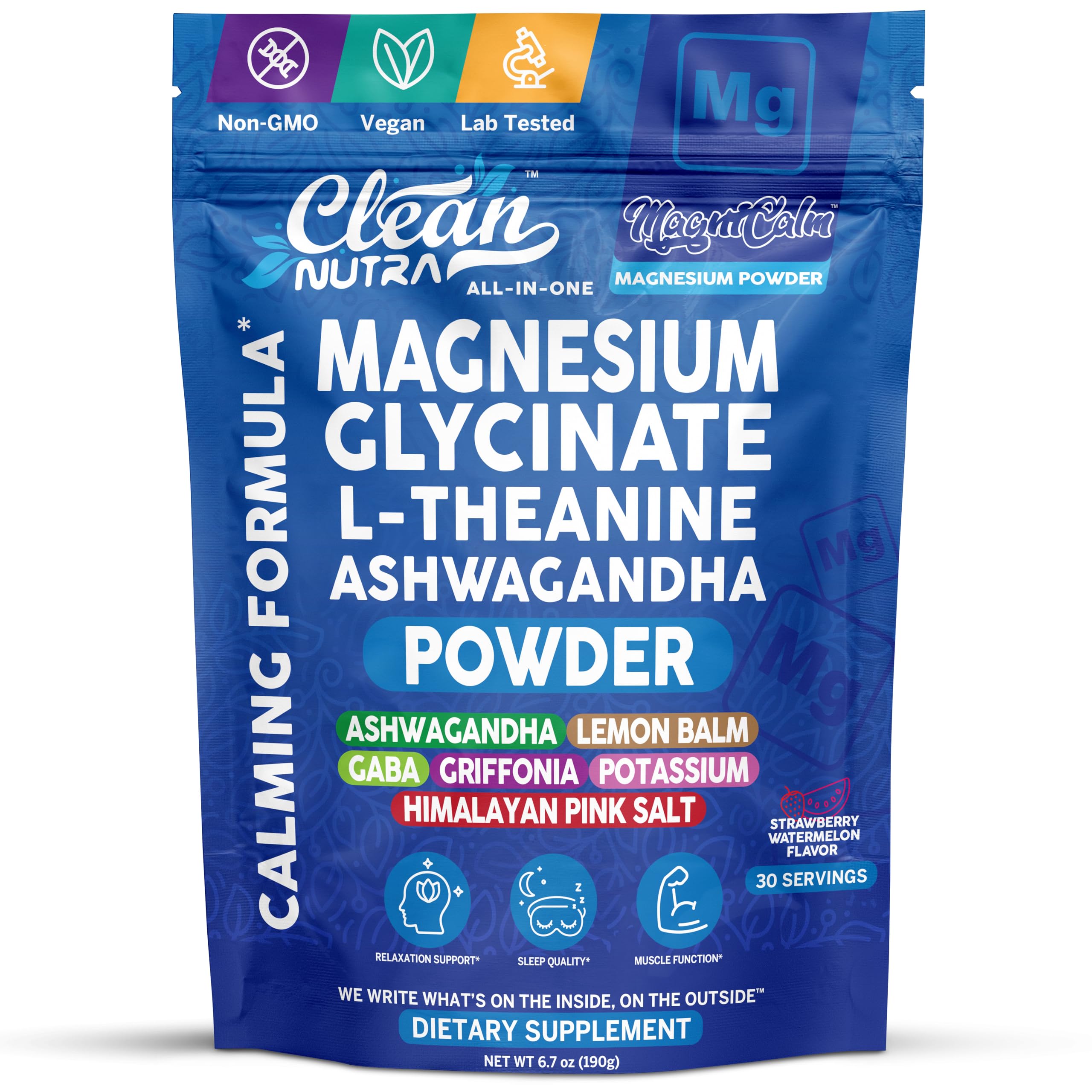 Clean Nutra magnesium glycinate powder bottle, ready for daily calm and focus.