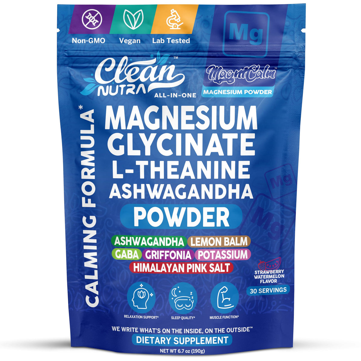 Clean Nutra magnesium glycinate powder bottle, ready for daily calm and focus.
