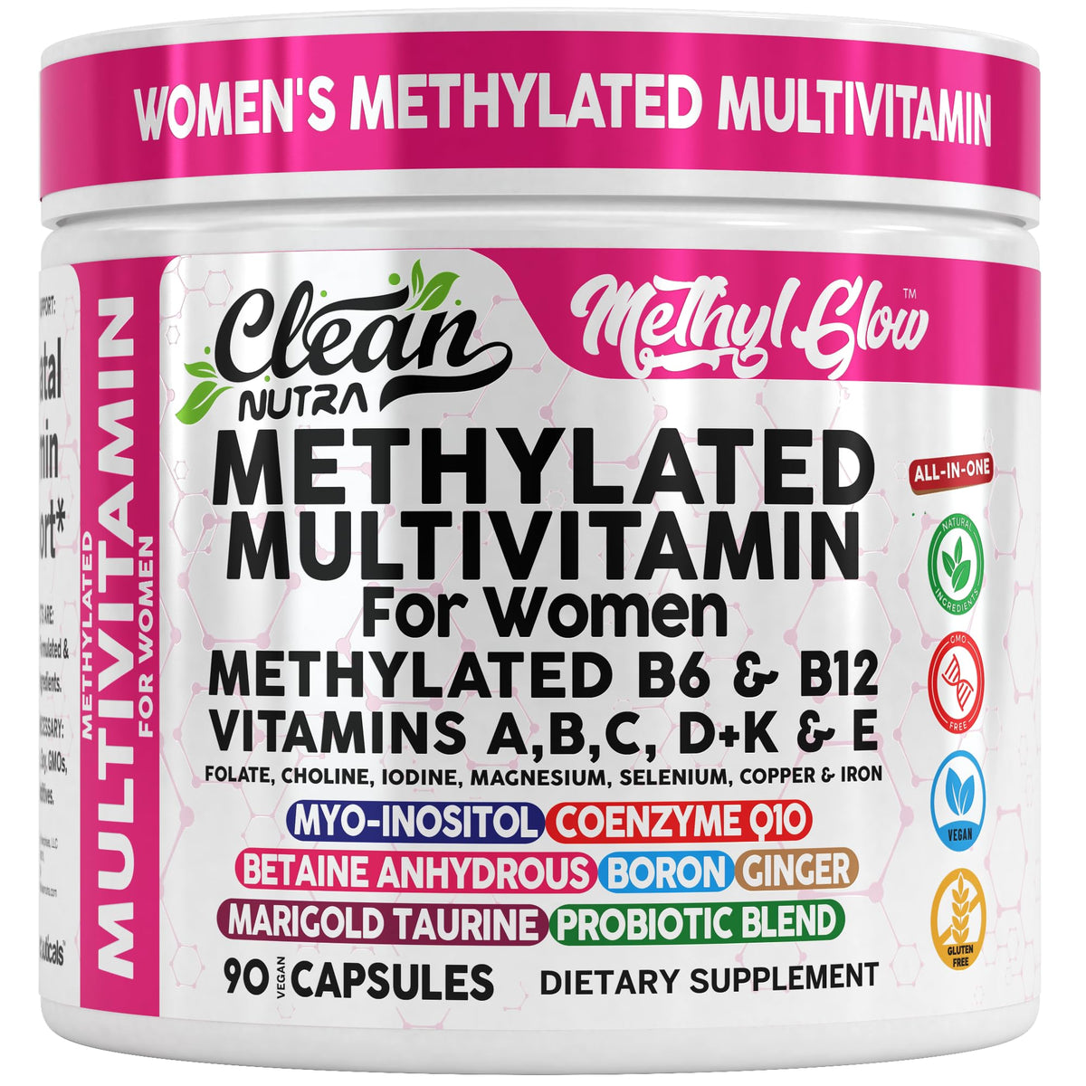Clean Nutra methylated women multivitamin bottle highlighting comprehensive nutrient blend for daily vitality