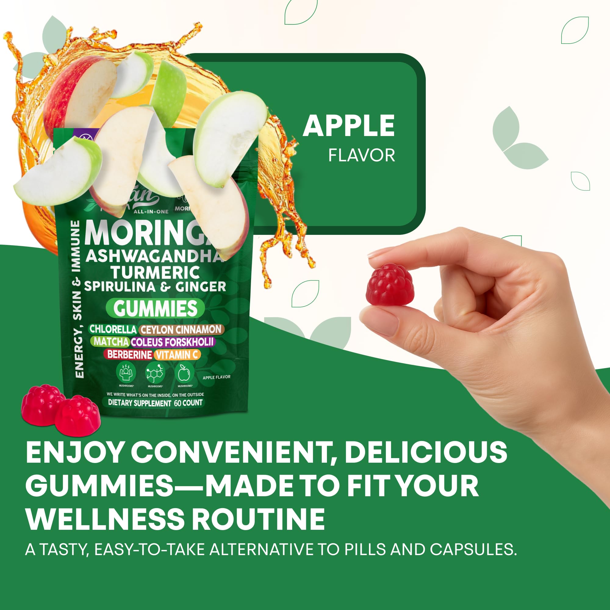 Green superfood blend image highlights spirulina and chlorella richness.