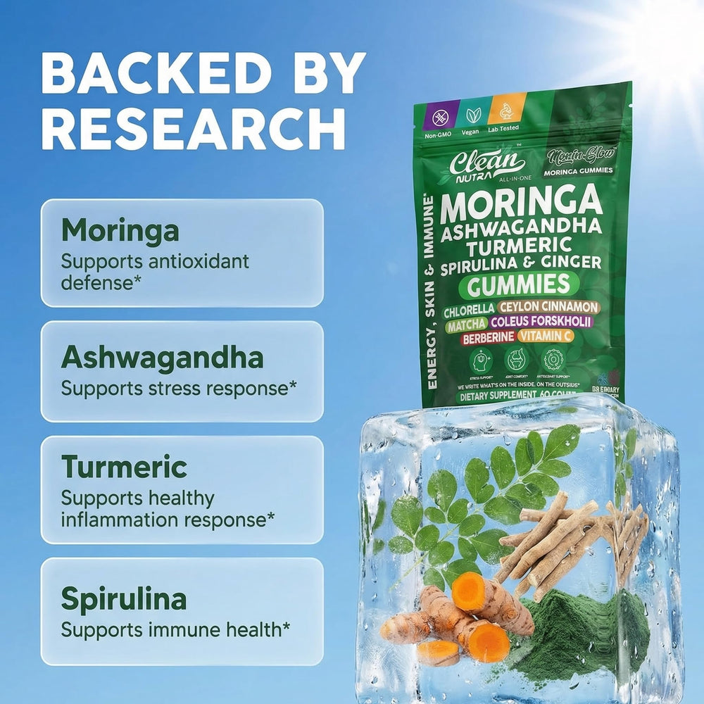 Ingredients blend featuring moringa, ashwagandha, and spirulina in one gummy.