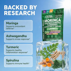Ingredients blend featuring moringa, ashwagandha, and spirulina in one gummy.