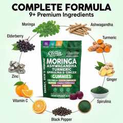 Lab-tested quality seal on Clean Nutra Moringa Gummies packaging.