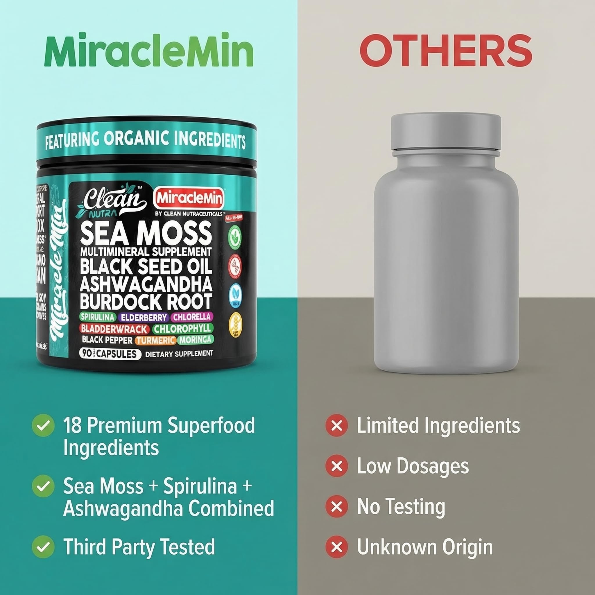 Clean Nutra moringa spirulina chlorella capsules emphasizes greens-based vitality