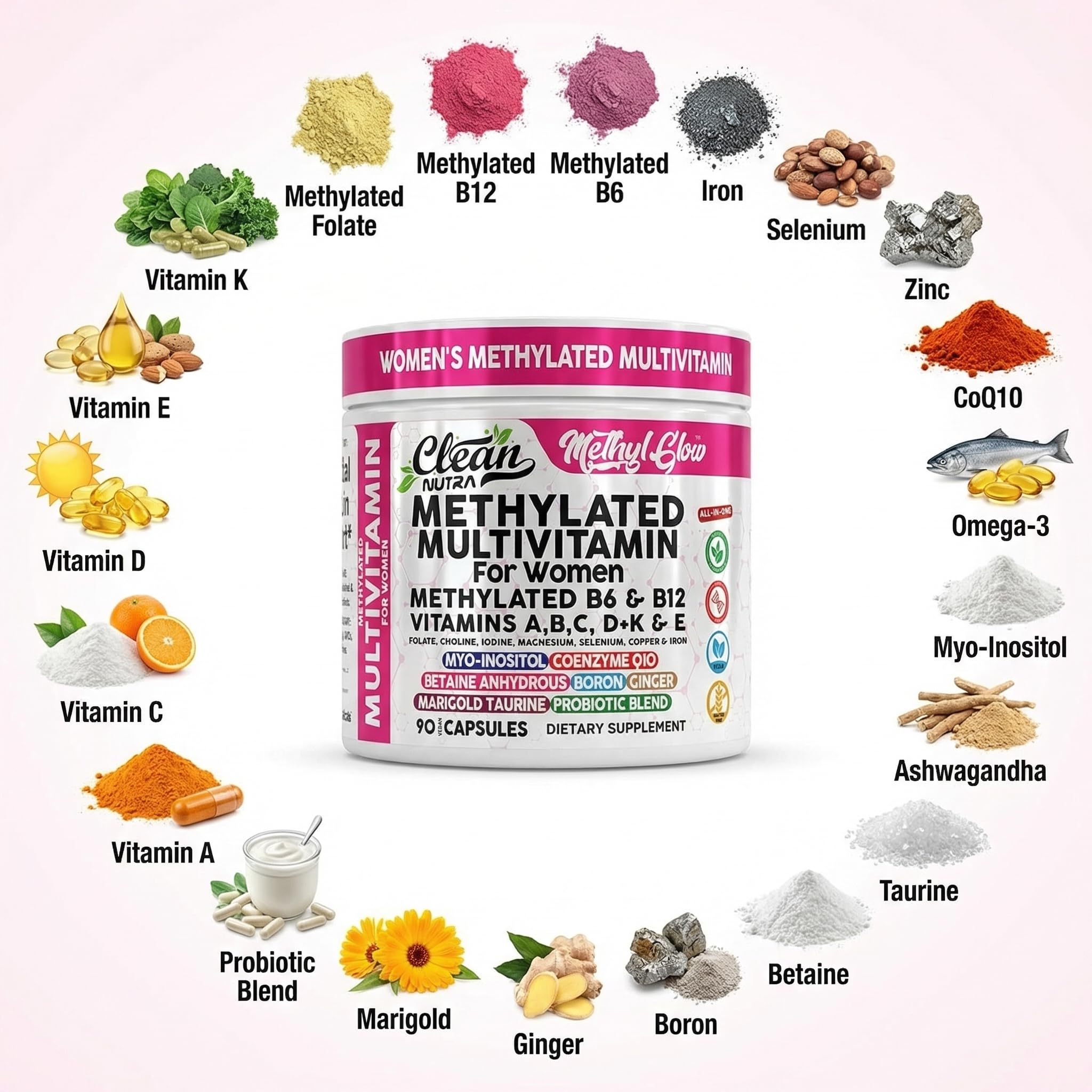 Label close-up on Clean Nutra methylated multivitamin bottle emphasizing women's formula