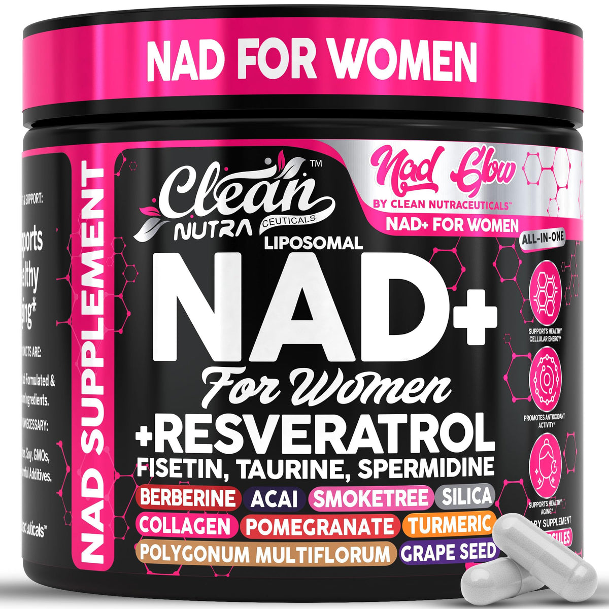 Clean Nutra NAD+ bottle front supports daily vitality and graceful aging.