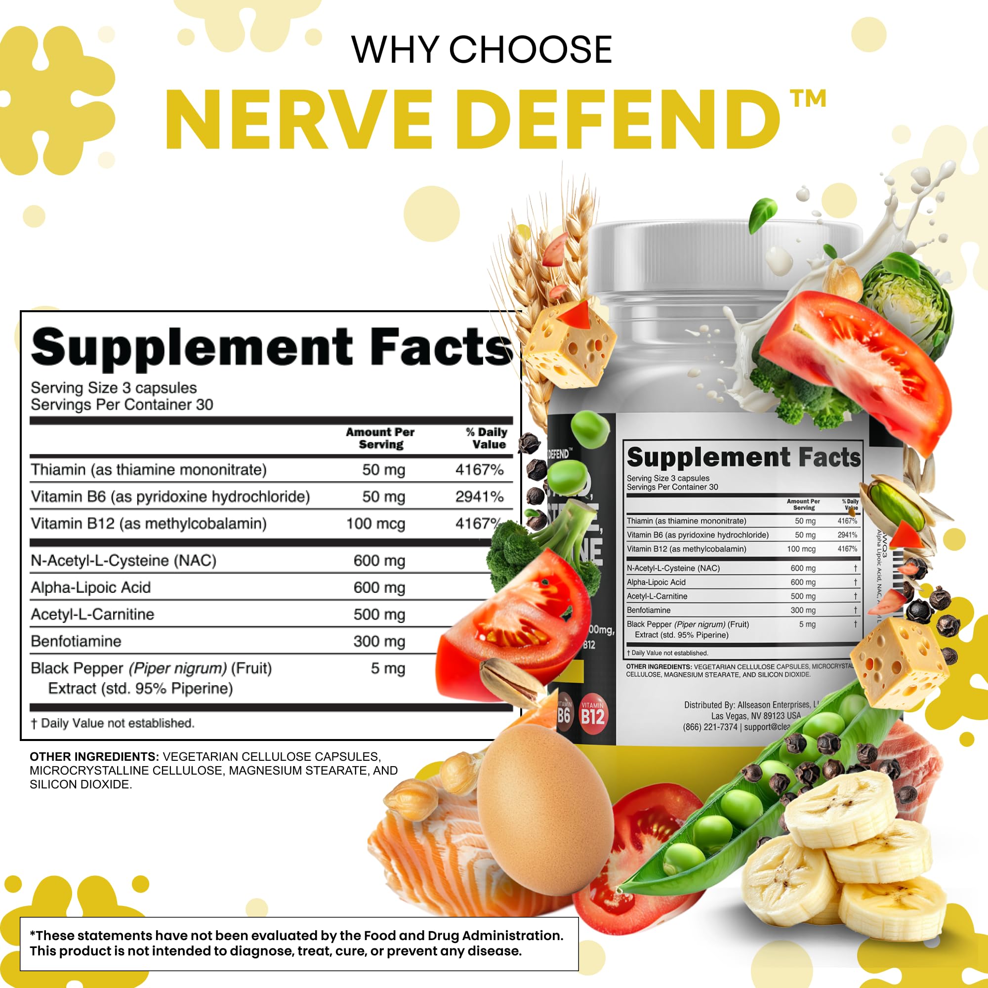 Clean Nutra Nerve Defend bottle top emphasizing easy three-capsule daily dose