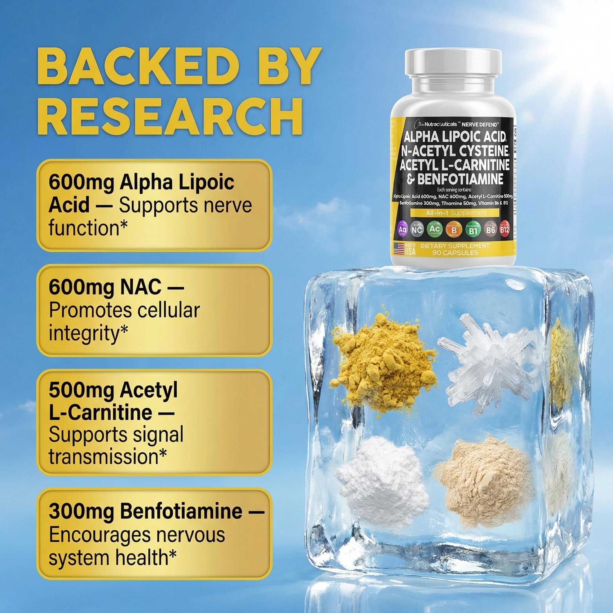 Clean Nutra Nerve Defend ingredients list with NAC, ALA, ALC, and benfotiamine
