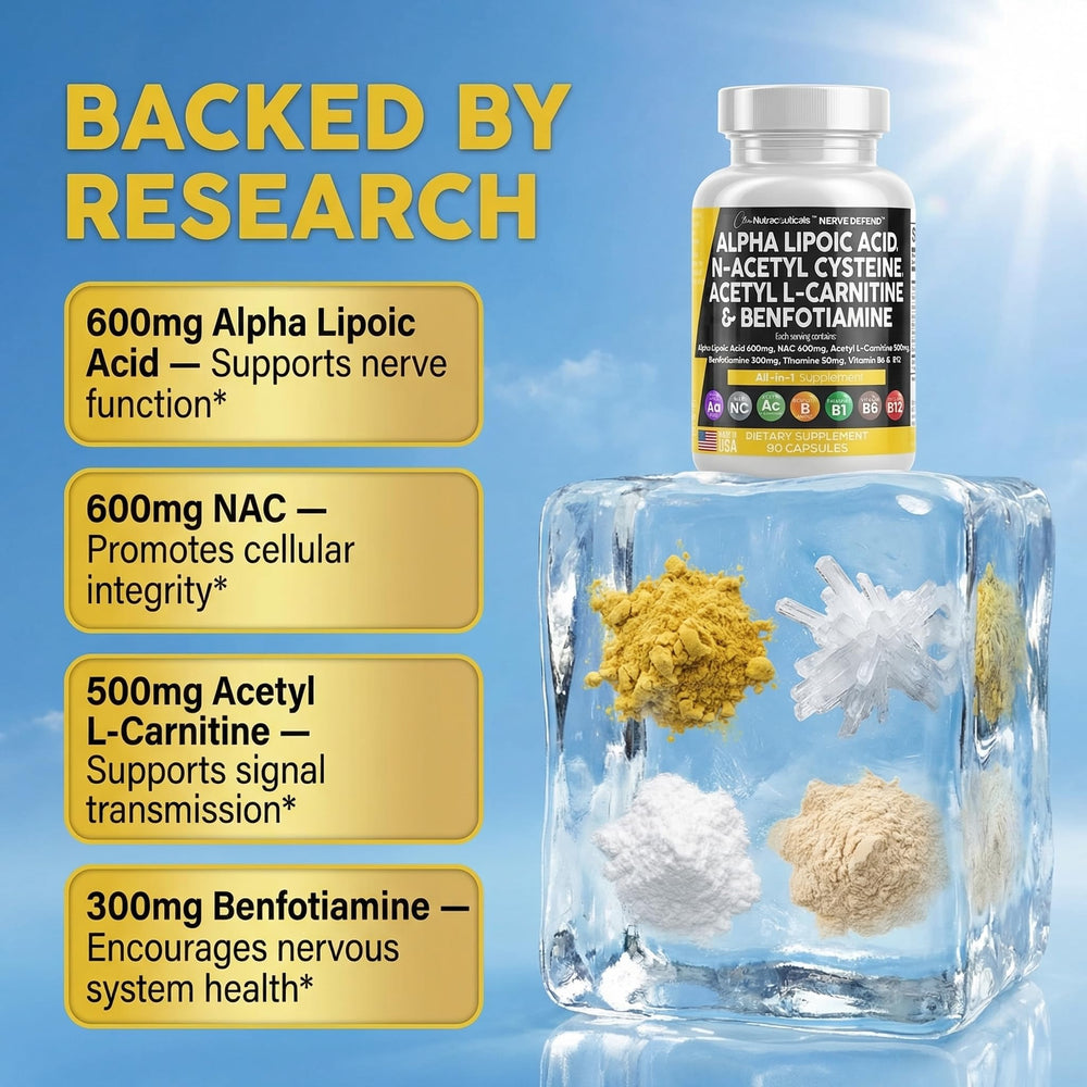 Clean Nutra Nerve Defend ingredients list with NAC, ALA, ALC, and benfotiamine