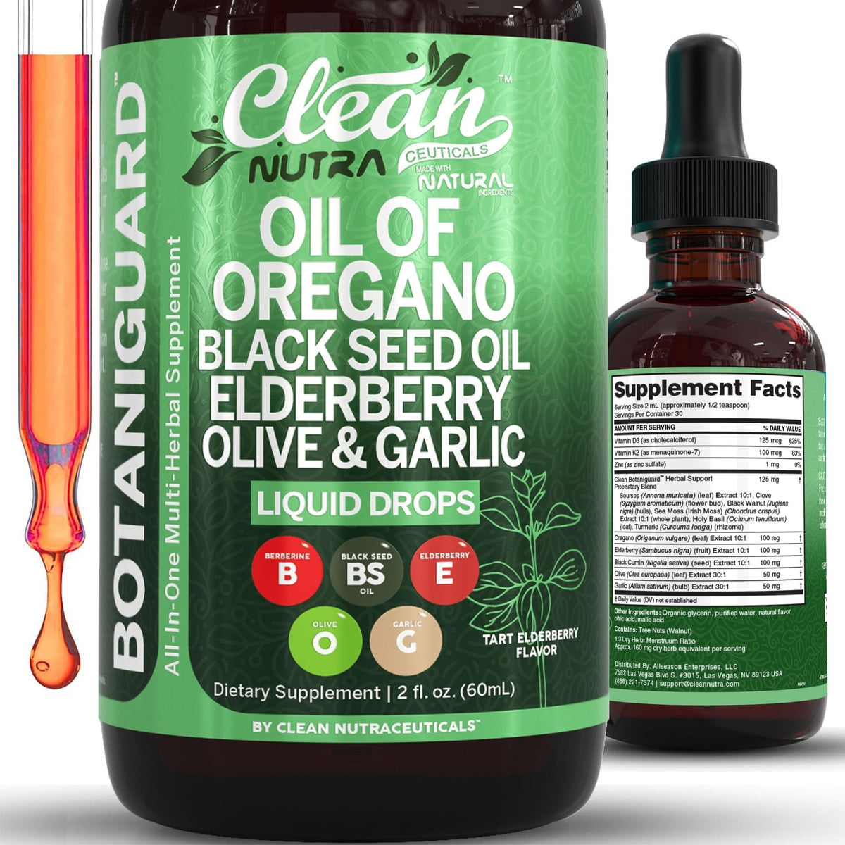 Clean Nutra Oil of Oregano Drops bottle front view for immune-support blend