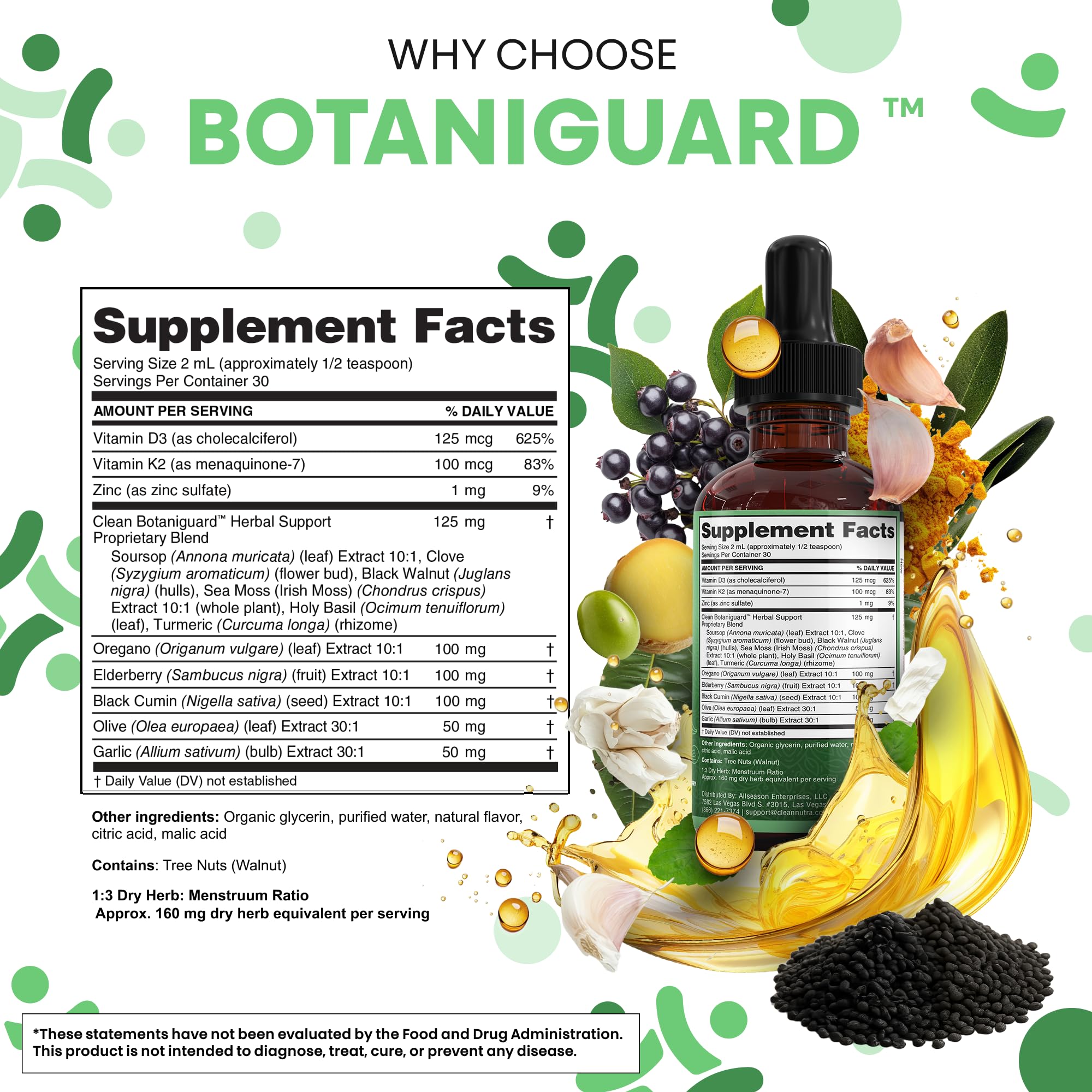 Clean Nutra Olive Leaf Garlic Botaniguard display showing natural plant-based wellness
